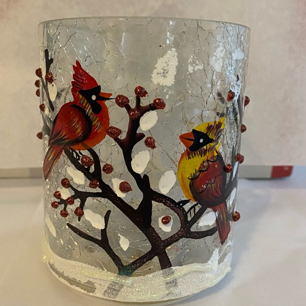 Hand Painted LED Lighted Cardinal Crackled Glass Tabletop Hurricane Christmas